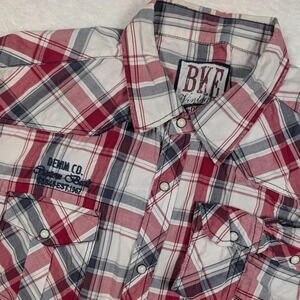 BKE Shirt Mens XL Red Gray Plaid Snap Front Western Embroidered Garage Mechanic
